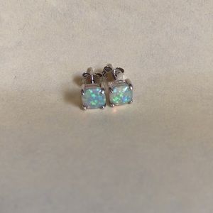 Sterling Silver Square Natural Opal Stud Earrings. Marked 925